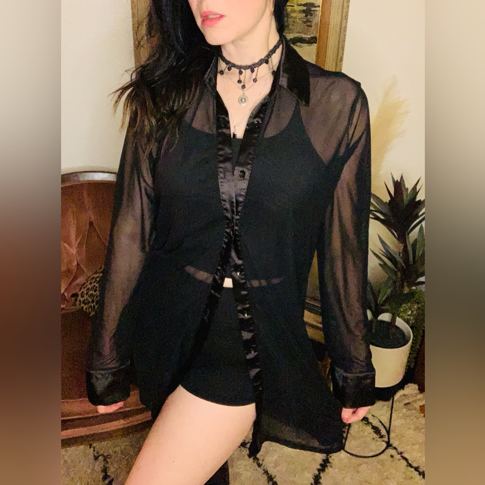 Sheer Black Tunic Shirt with Satin Trim - Women Tops Tunics